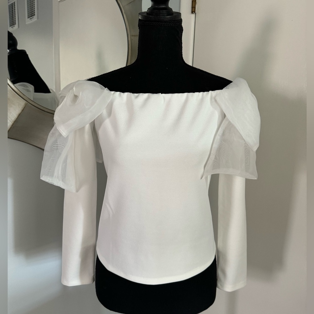 River Island White Bow Detail Bardot Top Size 6